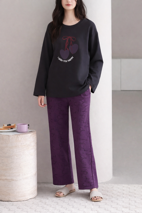 Black Wish You Happy Printed Full Sleeve Night Suit