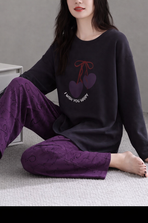 Black Wish You Happy Printed Full Sleeve Night Suit