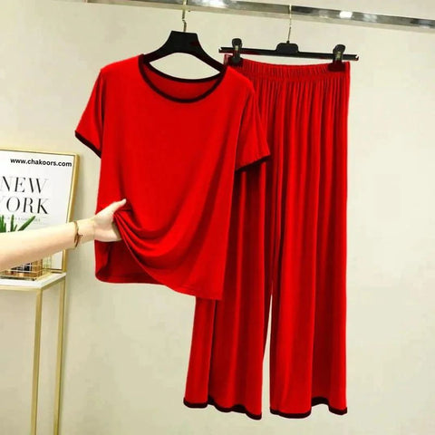 Plain Red Round Neck Half Sleeves With Flappers Trouser