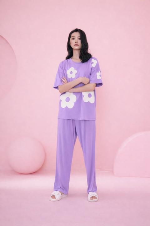 Lilac Daisy White Flower Printed Night Suit