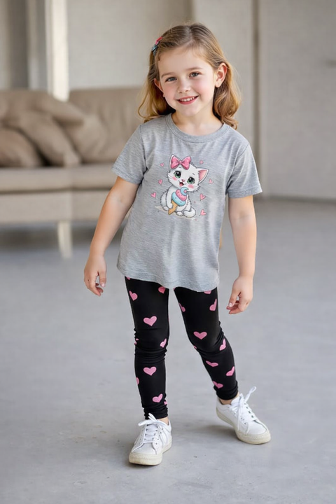 Grey Kitty With Heart Printed Kids Suit
