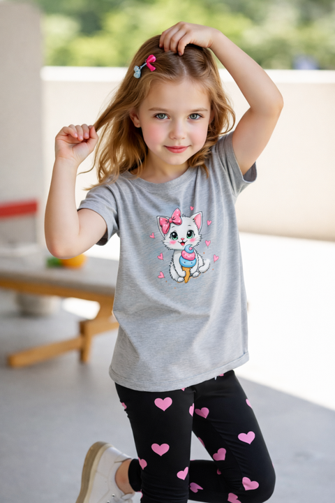 Grey Kitty With Heart Printed Kids Suit