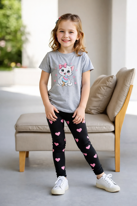 Grey Kitty With Heart Printed Kids Suit