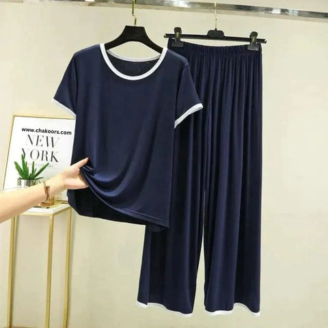 Plain Navy Blue Round Neck Half Sleeves With Flappers Trouser