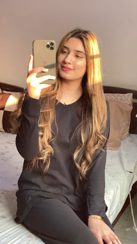 Plain Black V Neck with Palazzo Style Pajama Full Sleeves Suit