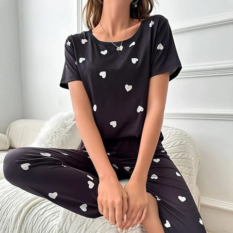 Black With White Hearts Print Half Sleeves T-shirt And Trouser Suit (SP-49)