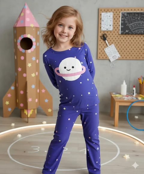Child wearing a purple pajama set with a space-themed design, standing in front of a cardboard rocket ship.