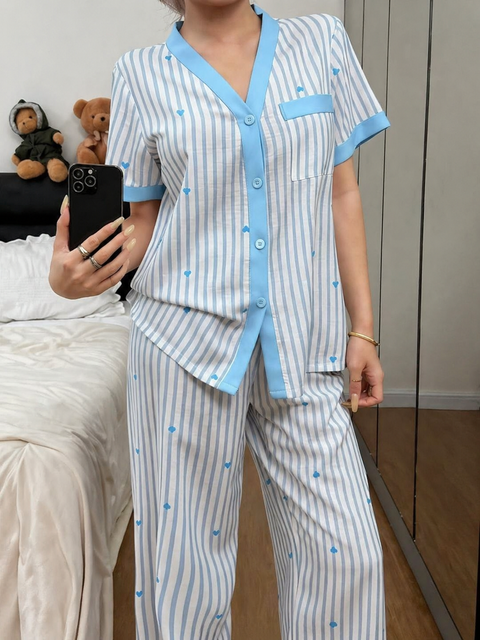 Sky blue All over Hearts with Sky Blue lining Style Button Night Suit