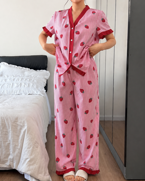 Pink All over Strawberry with pink lining style button Night suit