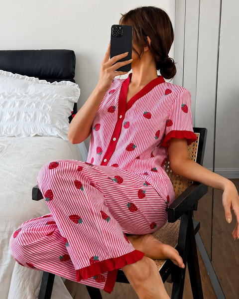 Pink All over Strawberry with pink lining style button Night suit
