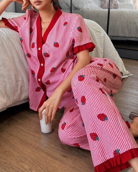 Pink All over Strawberry with pink lining style button Night suit