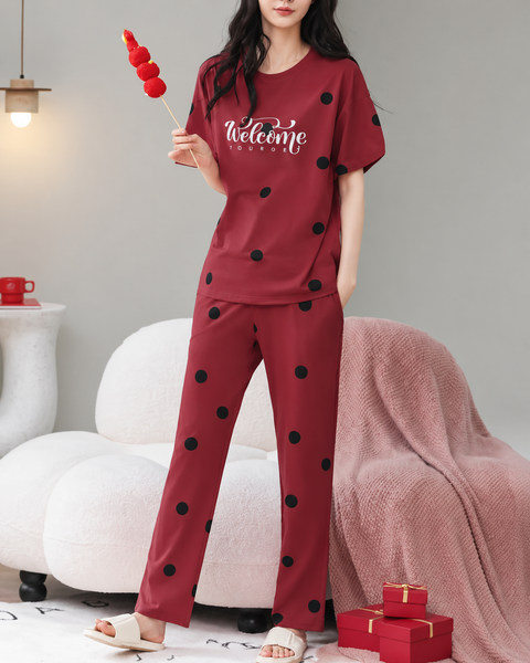 Red Welcome Print Black dotted printed night suit