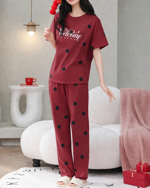 Red Welcome Print Black dotted printed night suit