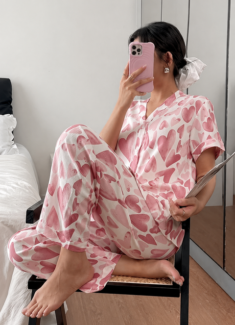 Rose Pink All Over Big Hearts Button Style Night Suit