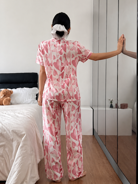 Rose Pink All Over Big Hearts Button Style Night Suit