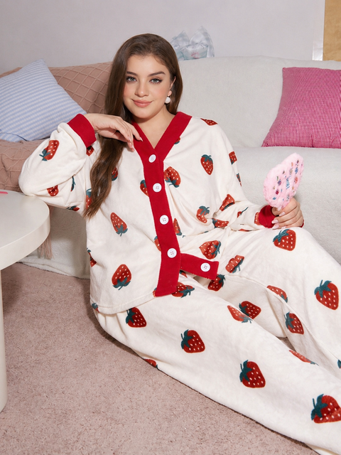 White with Pink Strawberry V-Neck Button Style Printed Night Suit