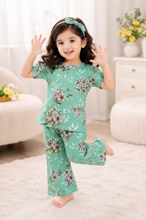 Green Floral Printed Kids Suit