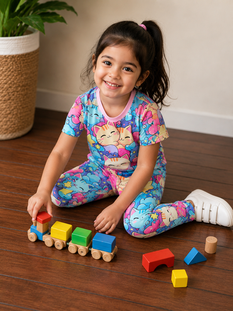 Multicolor Cat Printed Kids Suit