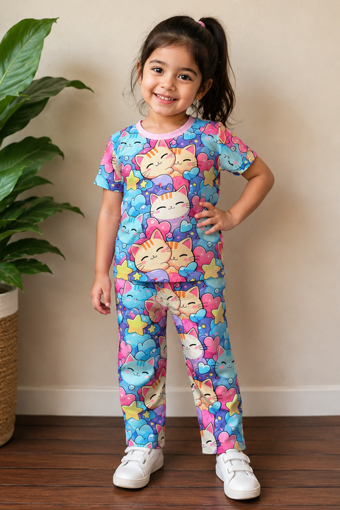 Child wearing a colorful pajama set with cat designs, standing indoors next to a plant.