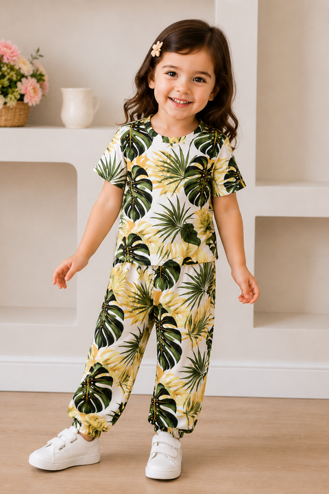 Child wearing a tropical leaf print outfit standing indoors with a neutral background