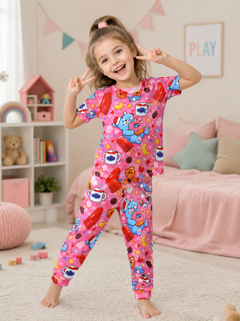 Pink Colorful Bear Printed Kids Suit