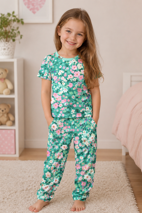 Young girl wearing a floral pajama set in a bedroom.