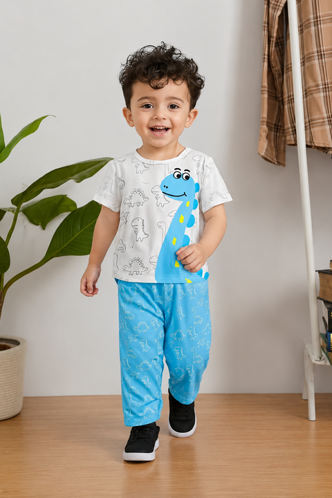 White With Blue Dino Printed Kids Suit