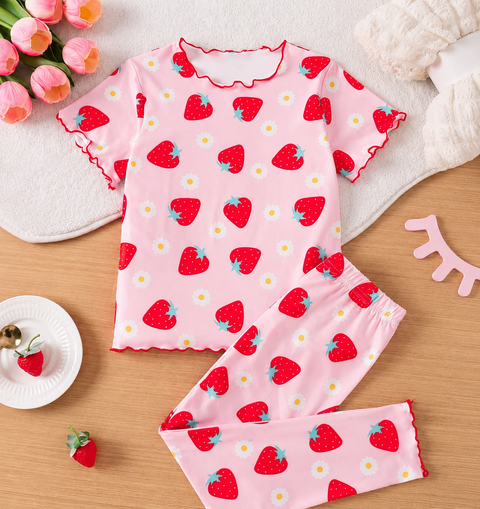 Pink Strawberry Printed Kids Suit