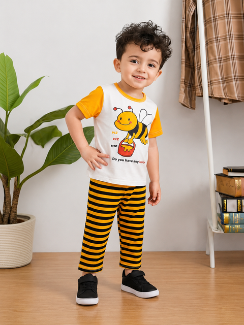 White And Yellow Honey Bee Printed Kids Suit
