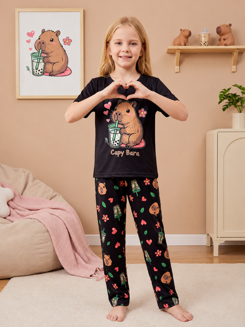 Black Cappy Bara Printed Kids Suit