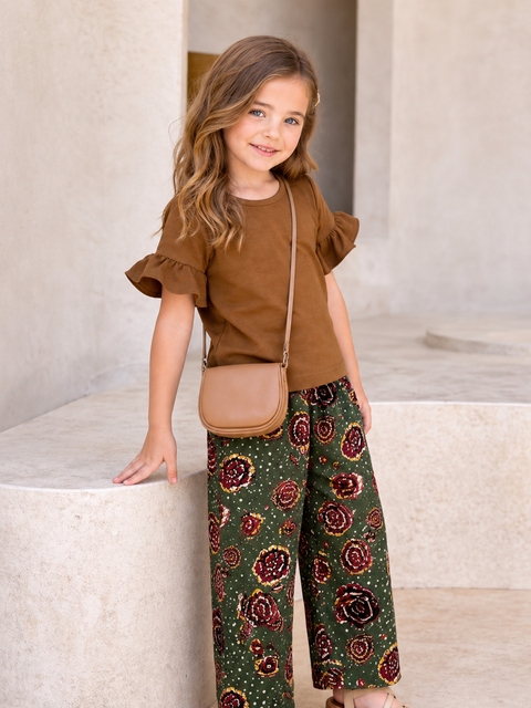 Plain Brown T-shirt With Green Flowers Printed Touser Kid Suit