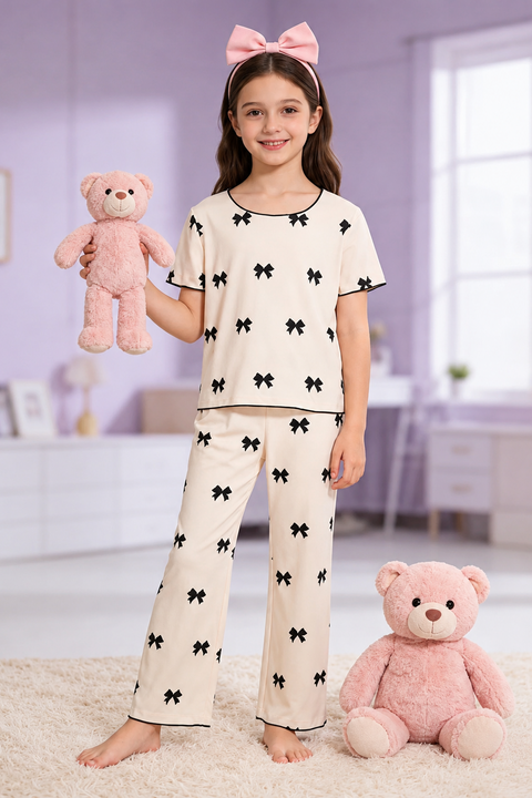 Beige With Black Bow Printed Kid Suit