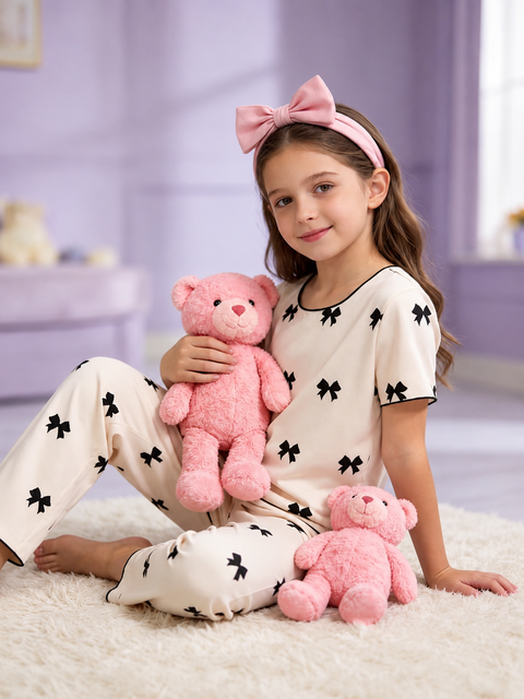 Beige With Black Bow Printed Kid Suit