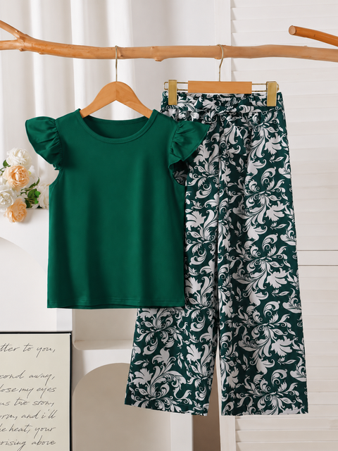 Plain Green T-shirt With Floral Printed Trouser Kid Suit