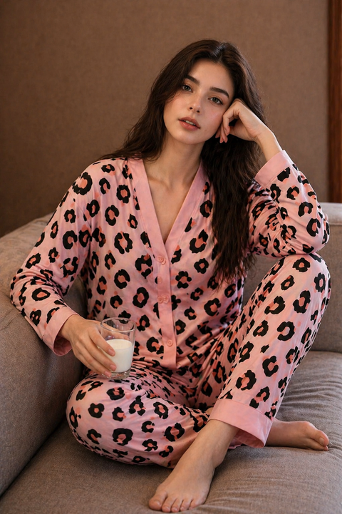 Baby Pink with Cheetah V-Neck Button Printed Pj Set For Her