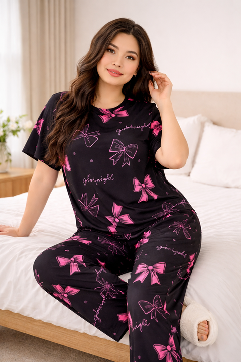 Black with Pink Bow Printed Half Sleeves Night Suit