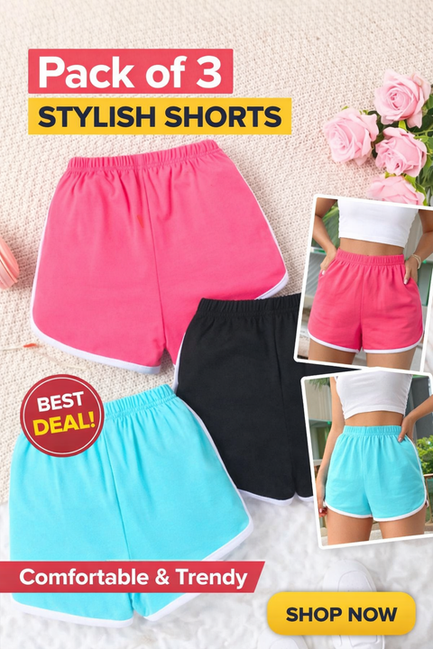 Pack of 3 Plain shorts for Women (pink , black , sky blue)