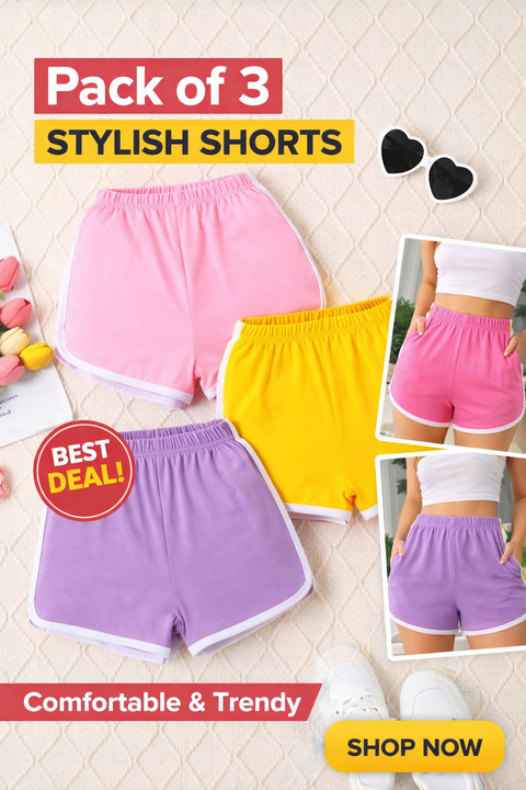 Pack of 3 Plain shorts for Women (pink , yellow , purple)