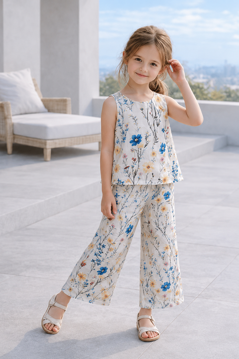 Young girl in a floral outfit standing on a rooftop with a cityscape view.