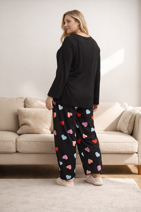 Black Multi Hearts Print Full Sleeve Night Suit