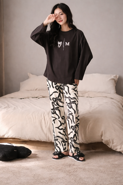 Black Bow Printed Full Sleeves Night Suite
