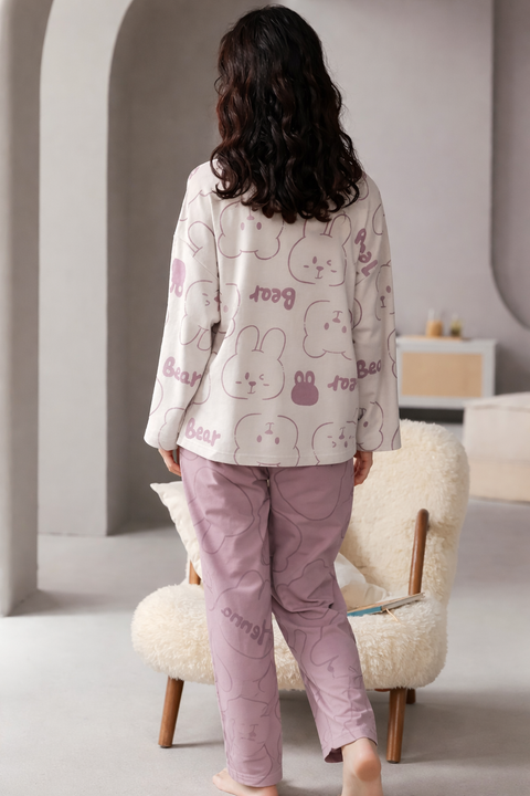 Lilac Cute Bear Printed Full Sleeves Night Suit