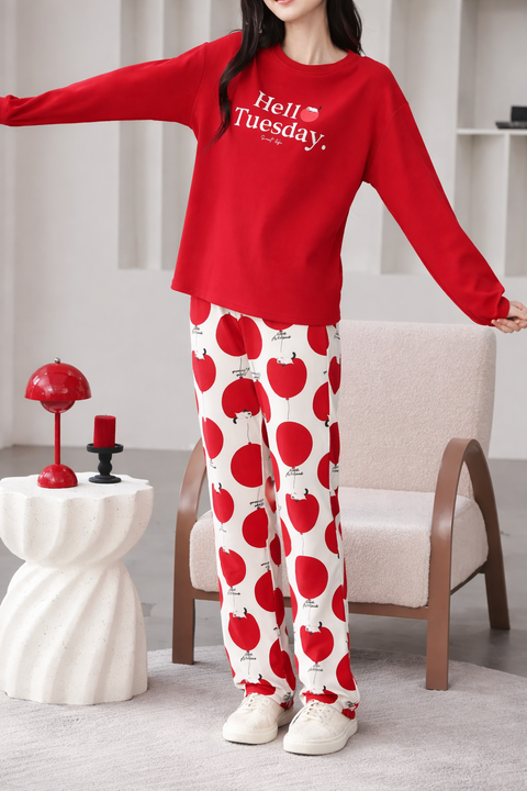 Red Hello Tuesday Print Full Sleeves Night Suite