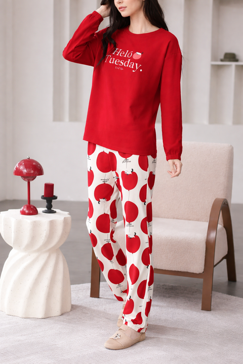 Red Hello Tuesday Print Full Sleeves Night Suite