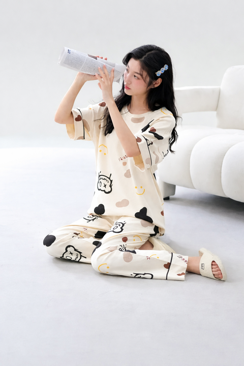 Off White Multi Monster Bear Half Sleeves Printed Night Suit
