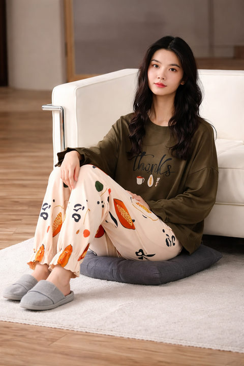 Brown Thanks Frill Sleeves Full Sleeves with Printed Trouser