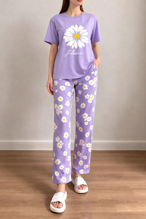 Lilac Sun Flowers Printed Half Sleeves Night Suit The Ultimate Dream Wear Sleep Suit