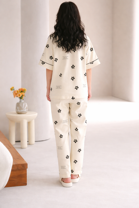 Off white Black all over flowers Print Half Sleeves Printed Night Suit