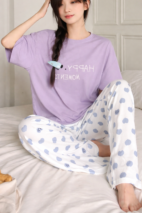 Lilac Happy Moments Printed T.shirt with Hearts Printed Trouser Dream Wear Sleep Suit