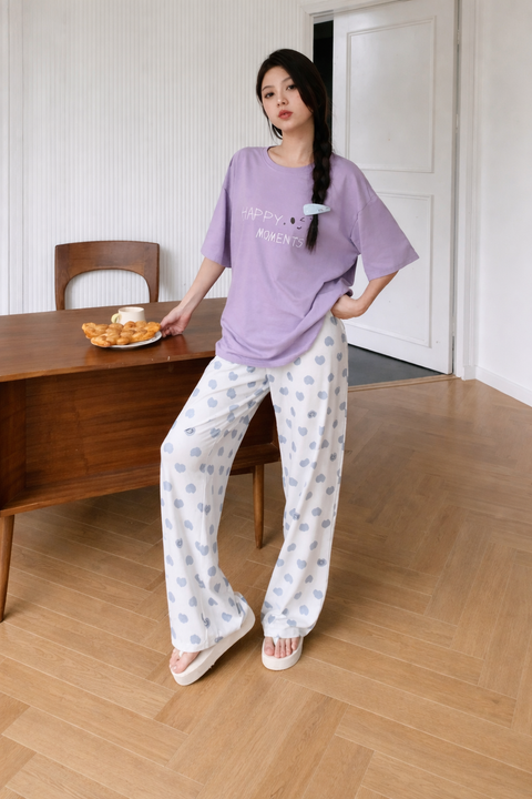 Lilac Happy Moments Printed T.shirt with Hearts Printed Trouser Dream Wear Sleep Suit